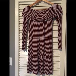 Burgundy and white striped off the shoulder dress